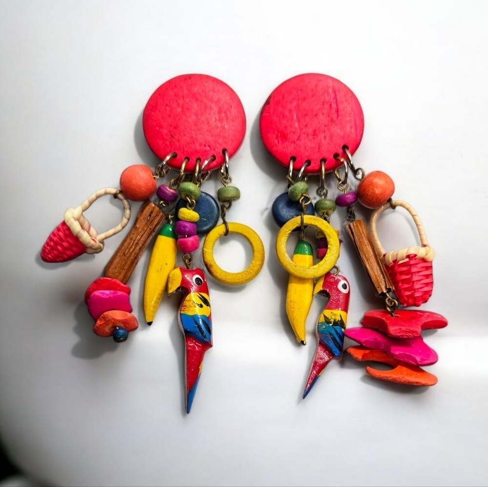 Artisan Colorful Parrot Banana Beads Wooden Dangle Earrings - Picture 14 of 15